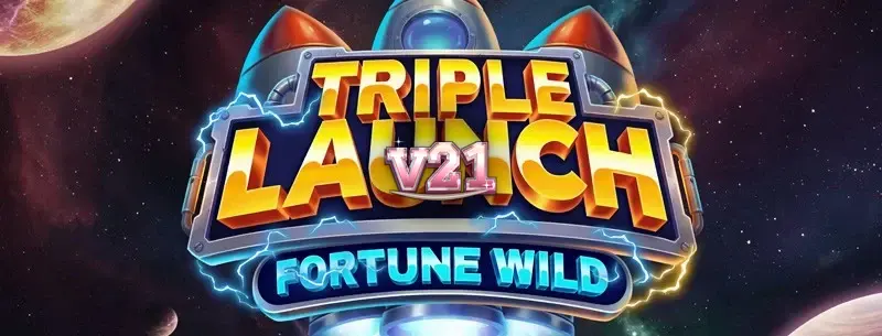 Tampilan visual mesin slot Triple Launch Fortune Wild dengan nuansa futuristik dan simbol-simbol menarik.